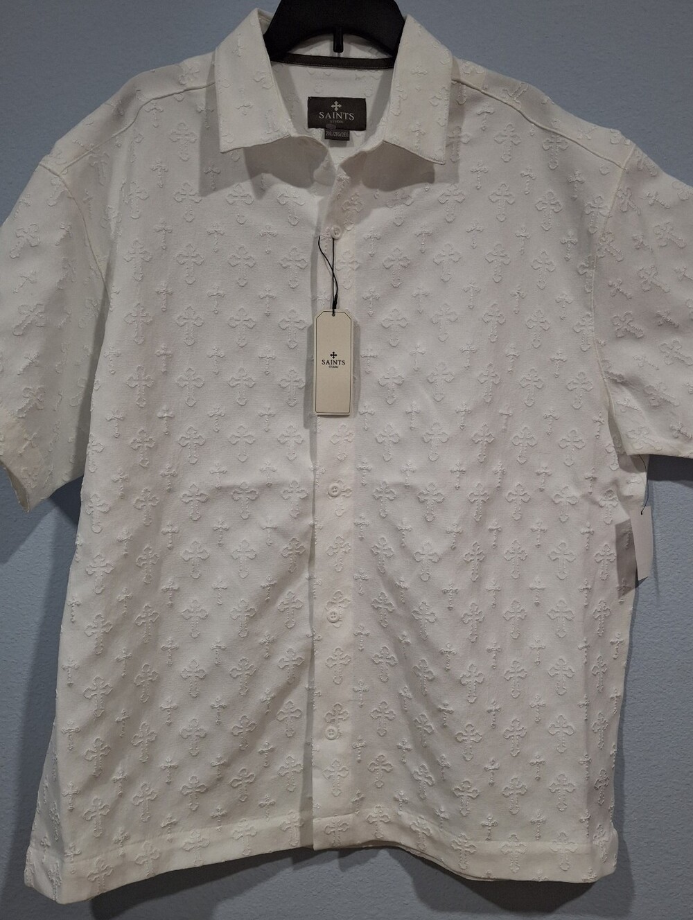 Saints Studio Pure White Short-Sleeve Embroidered Button-Down Shirt Size 2XL NWT